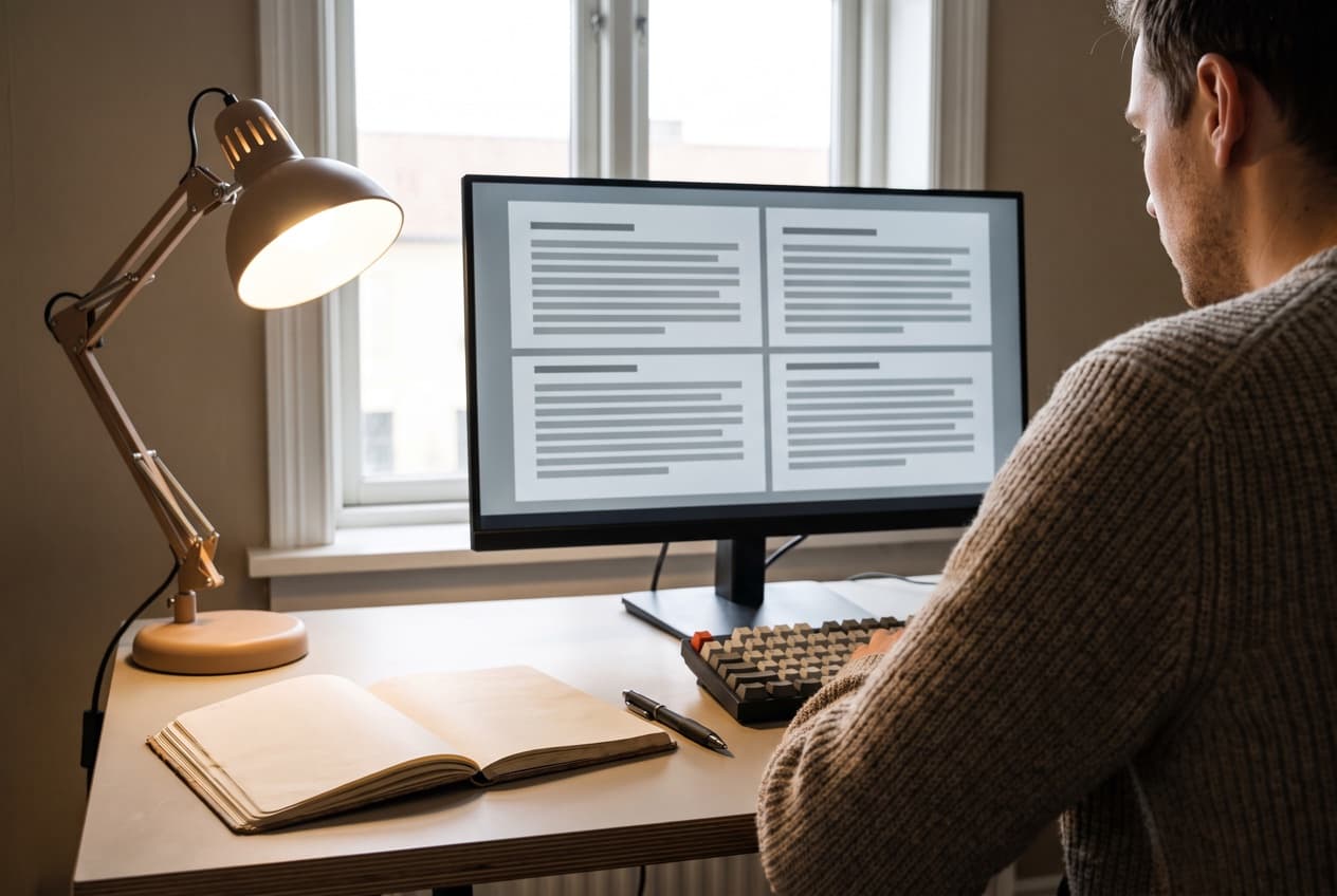 Rédacteur à son bureau qui compare quatre variantes de texte affichées côte à côte sur son écran, carnet et stylo à portée, le tri des accroches publicitaires qui convertissent avant diffusion