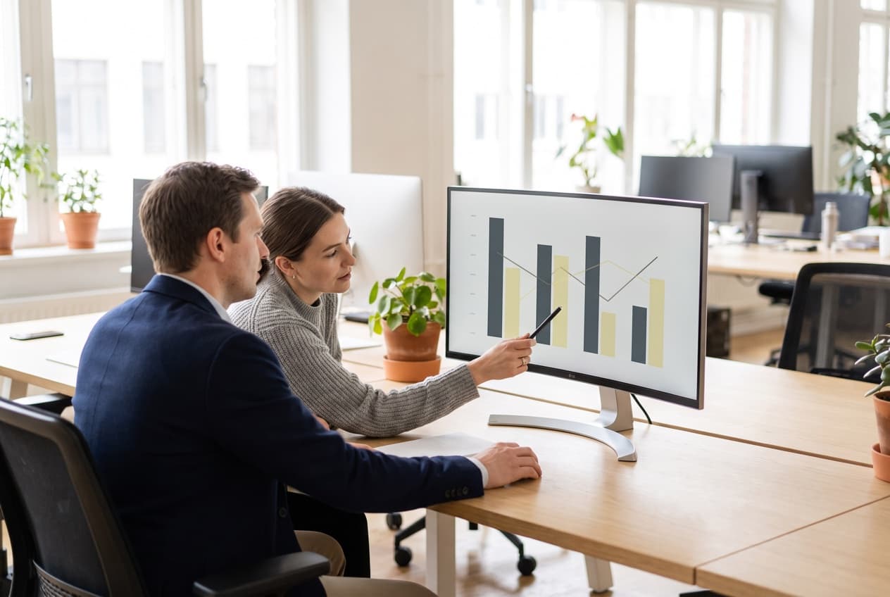 Deux collègues assis côte à côte devant un écran de courbes et d'histogrammes, l'un désignant un point du rapport, la lecture croisée qu'impose l'analyse de campagnes social ads dans GA4
