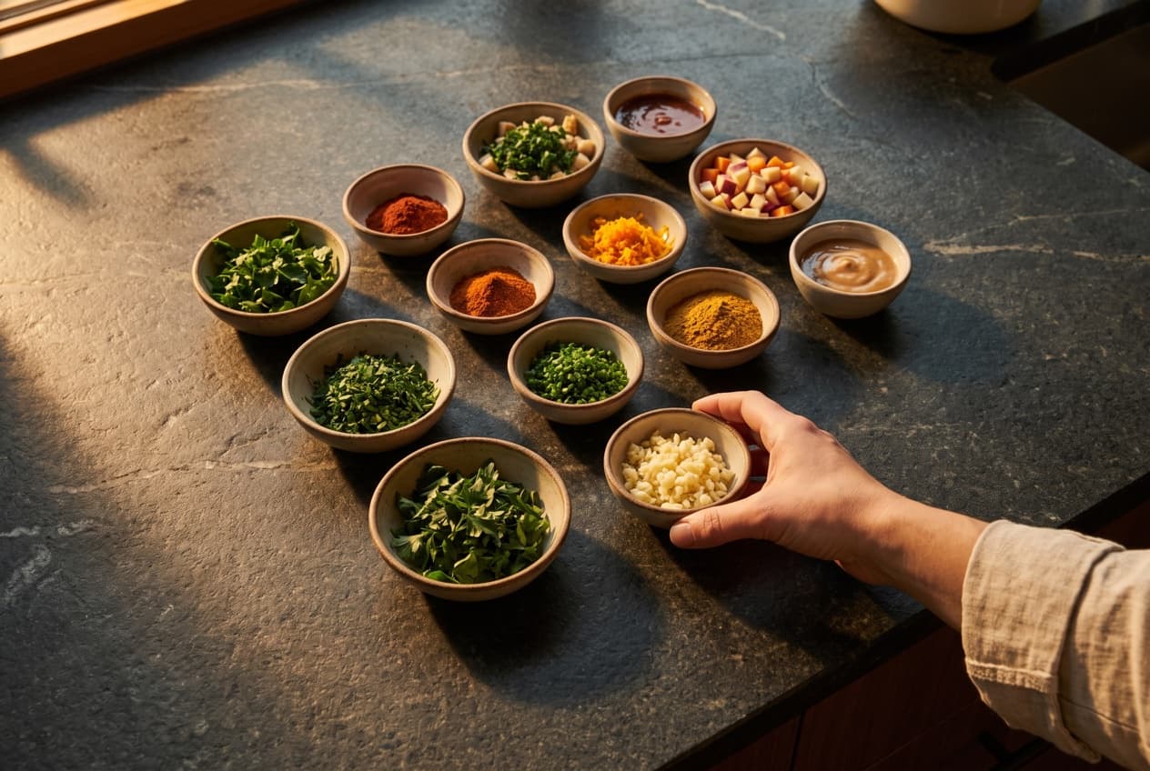 Petits bols d'ingrédients préparés et alignés sur un plan de travail de cuisine avant le service, image de la matière variée à fournir pour composer des annonces responsives (RSA) performantes