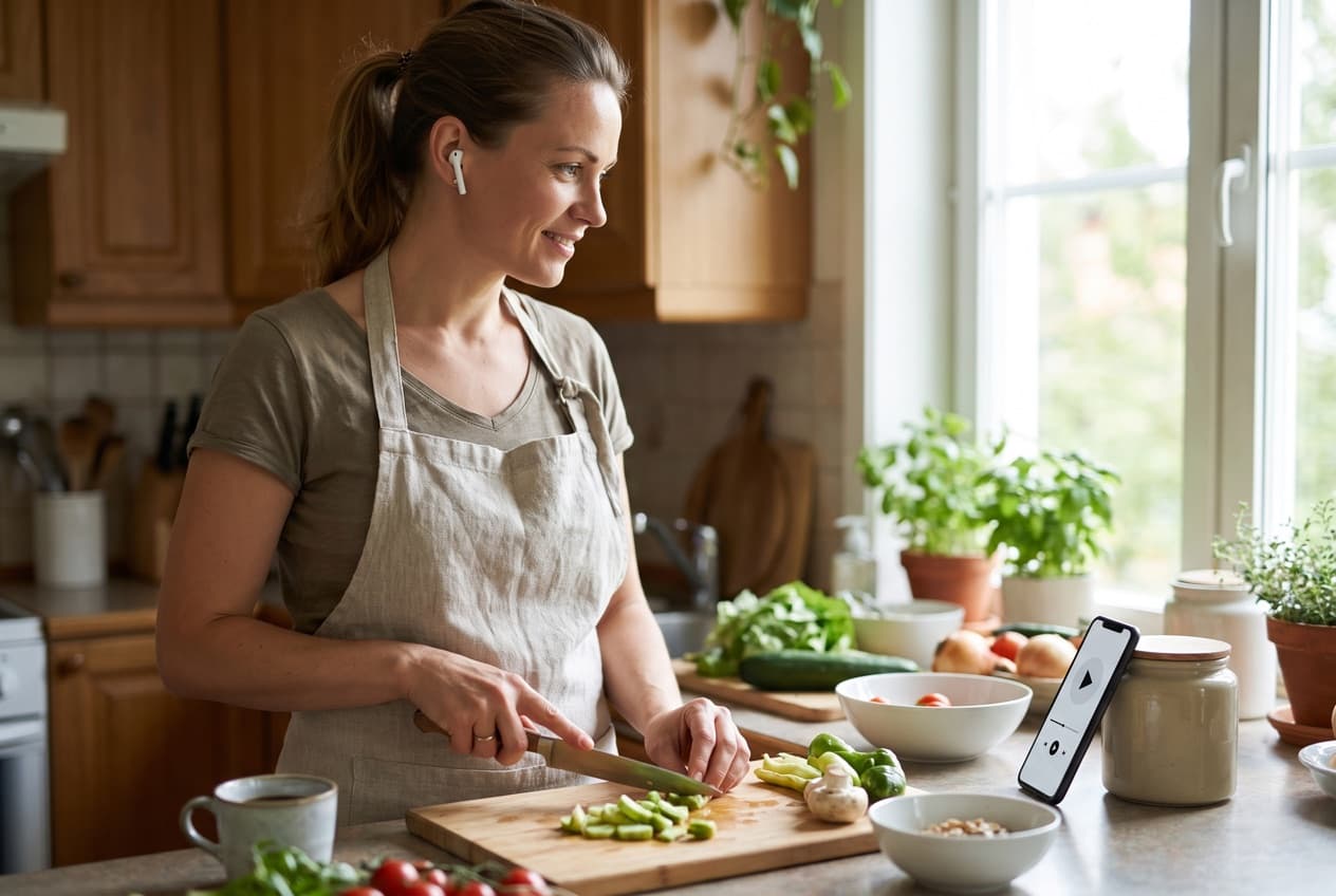 Auditrice écoutant un contenu audio avec ses écouteurs tout en cuisinant, dans un contexte d'attention disponible
