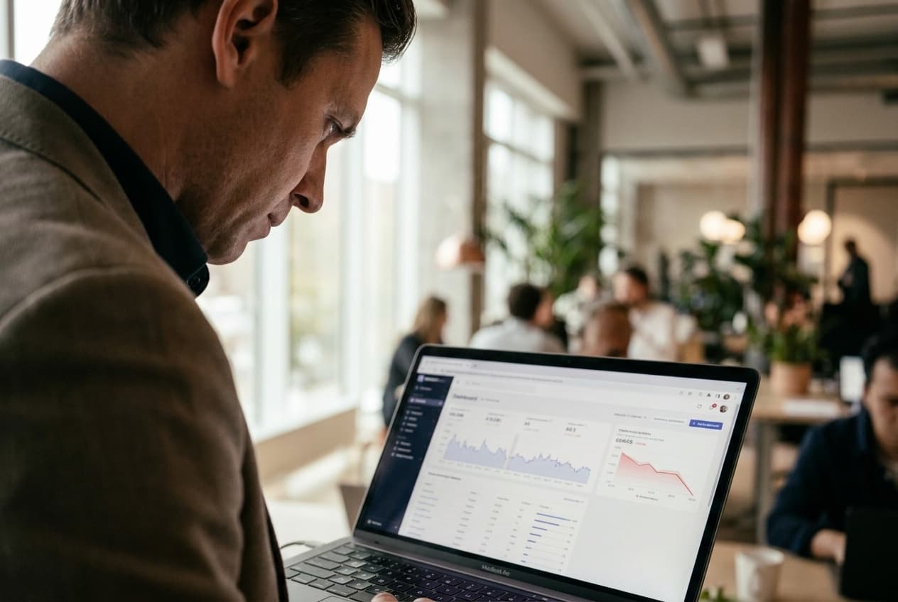 Consultant qui repère un signal d'alerte sur un tableau de bord Google Ads affichant une courbe en baisse, illustrant pourquoi auditer un compte Google Ads régulièrement