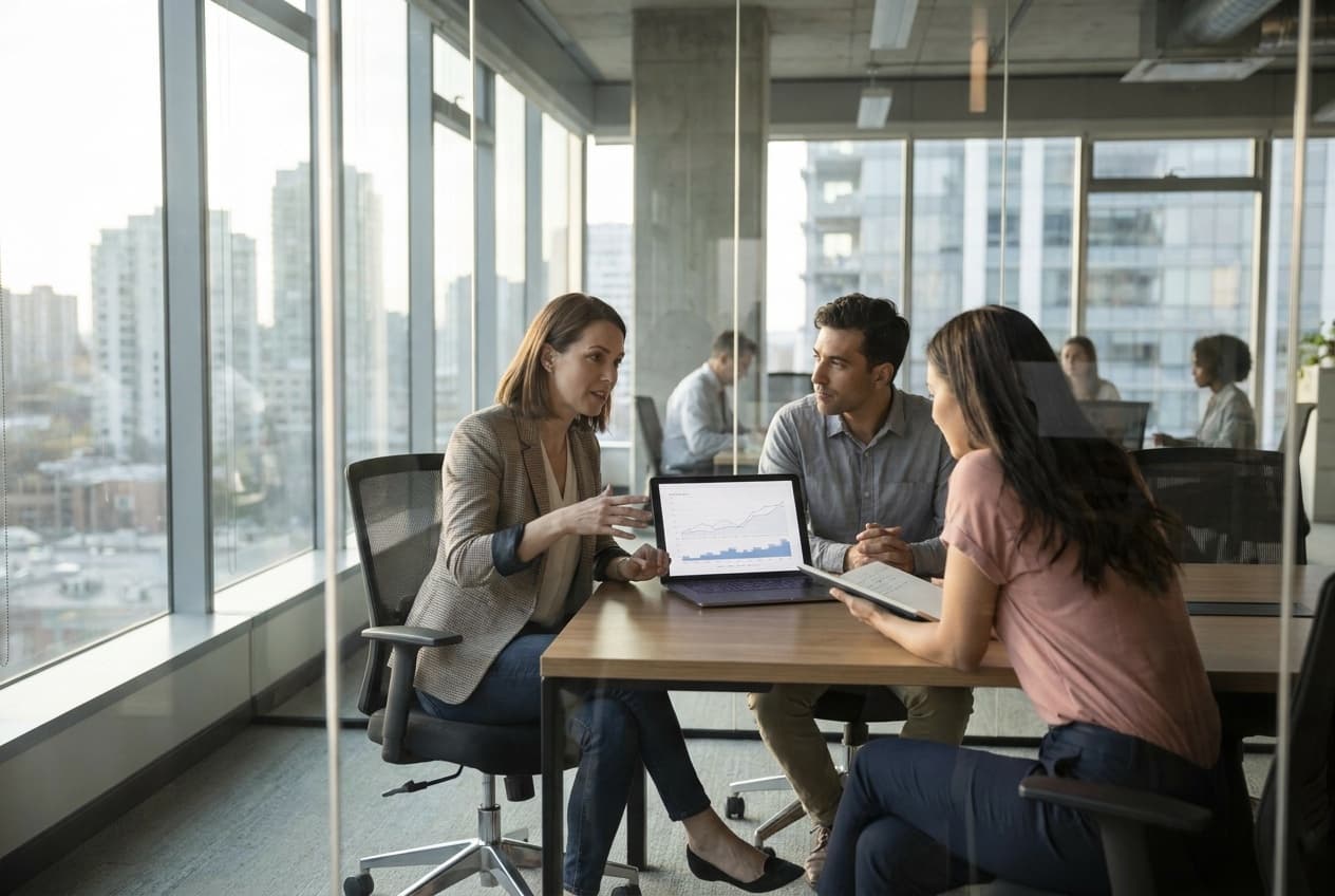 Consultante externe qui présente les résultats d'un audit à une équipe marketing, illustrant ce qu'apporte un regard extérieur pour internaliser ou externaliser un audit SEA