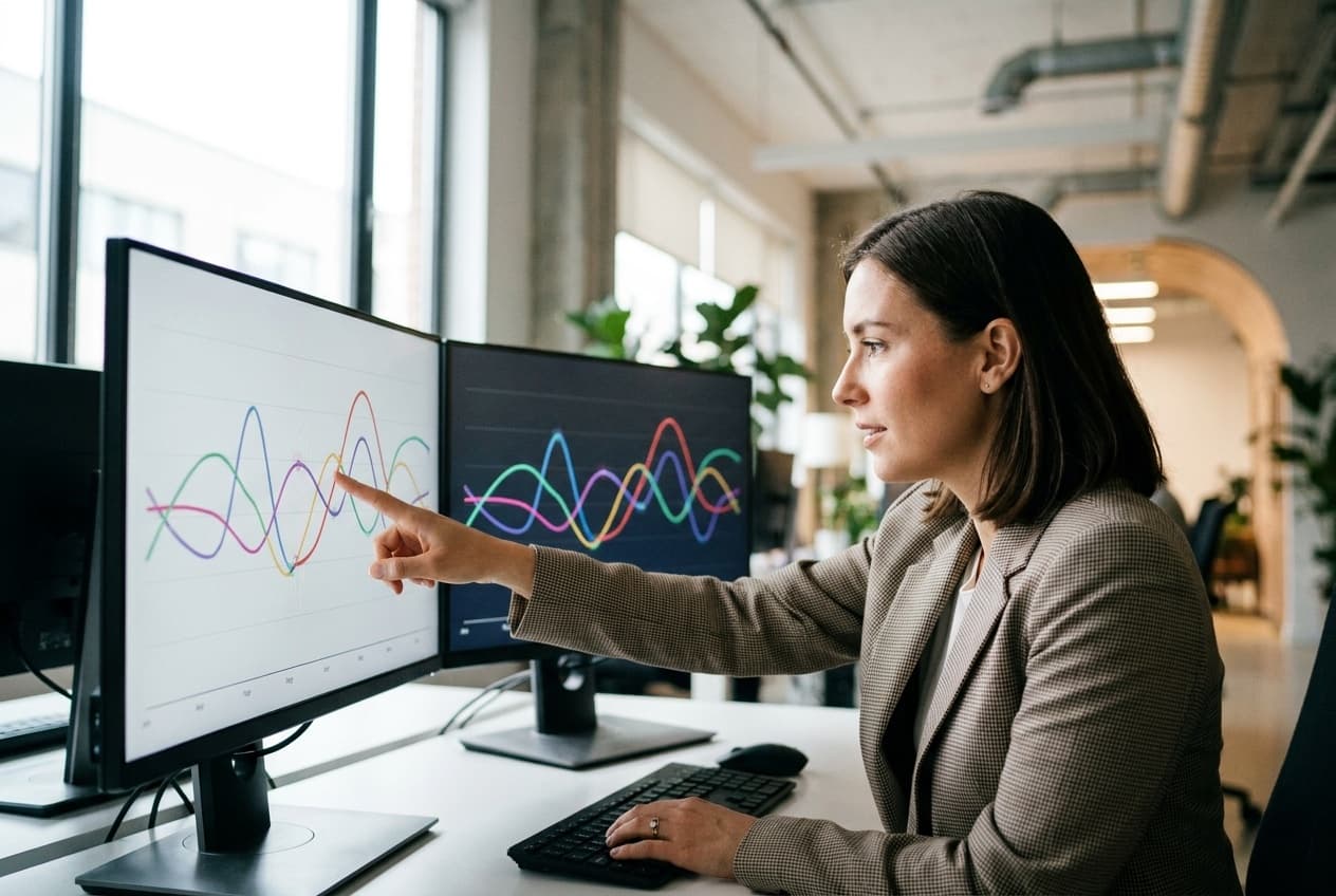 Analyste qui compare des courbes de performance sur deux écrans pour croiser les indicateurs, illustrant les KPI audit SEA à lire ensemble et jamais isolément