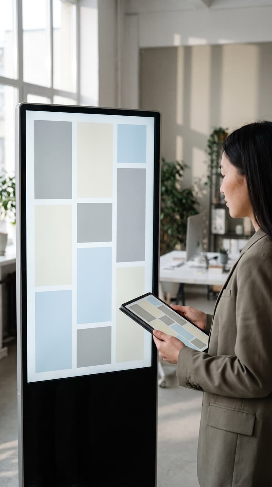 Spécialiste social ads passant en revue l'inventaire des créations d'un compte sur un écran vertical, format par format, lors de l'audit de vos comptes social ads