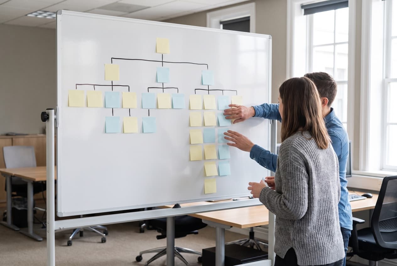 Deux personnes regroupent devant un tableau blanc des colonnes de notes autocollantes disposées en arborescence, geste de consolidation typique quand on audite la structure d'un compte Meta Ads