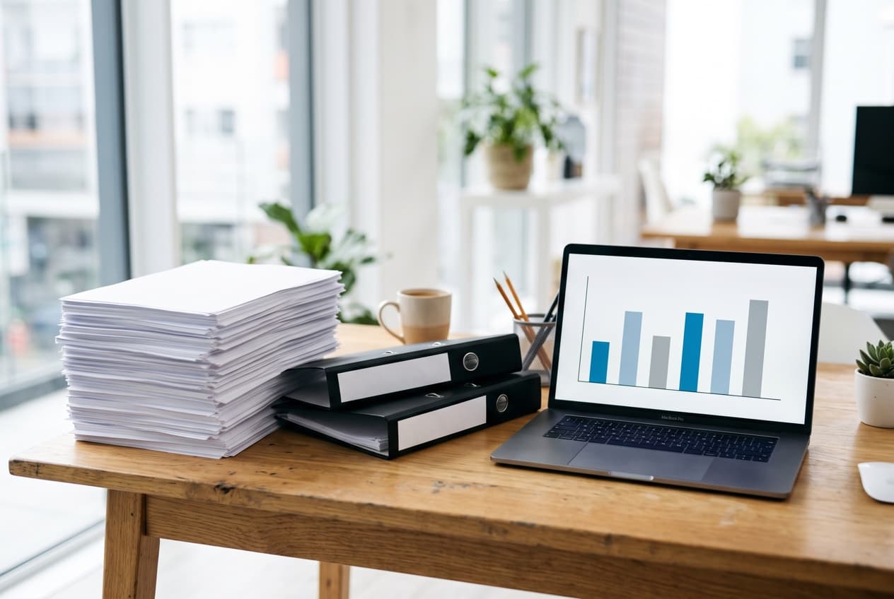 Pile d'exports imprimés et classeurs repoussés à côté d'un ordinateur portable affichant un rapport produit automatiquement, les deux jours par mois que l'automatisation rend à l'analyse