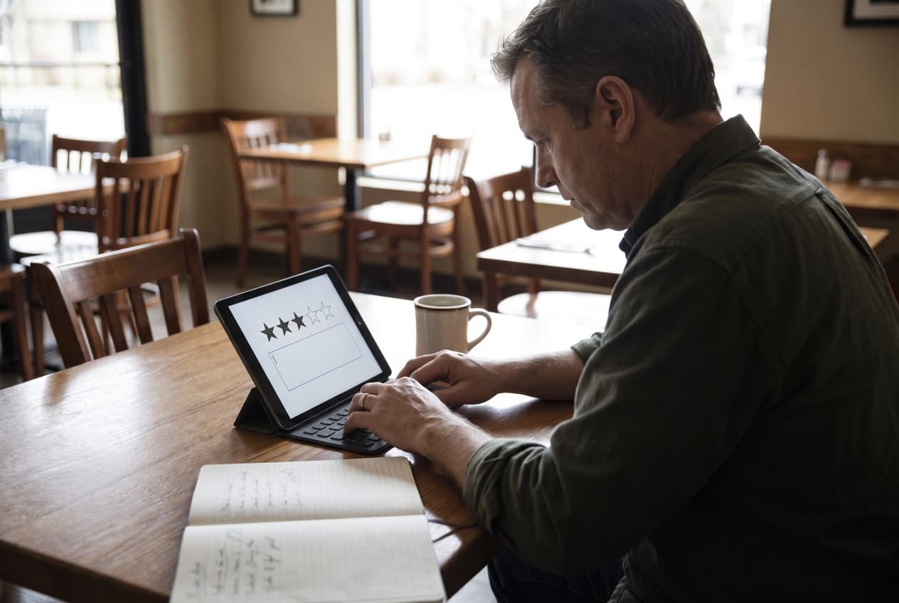Gérant de restaurant rédigeant sur sa tablette la réponse à un avis client mitigé, dans sa salle à une heure creuse