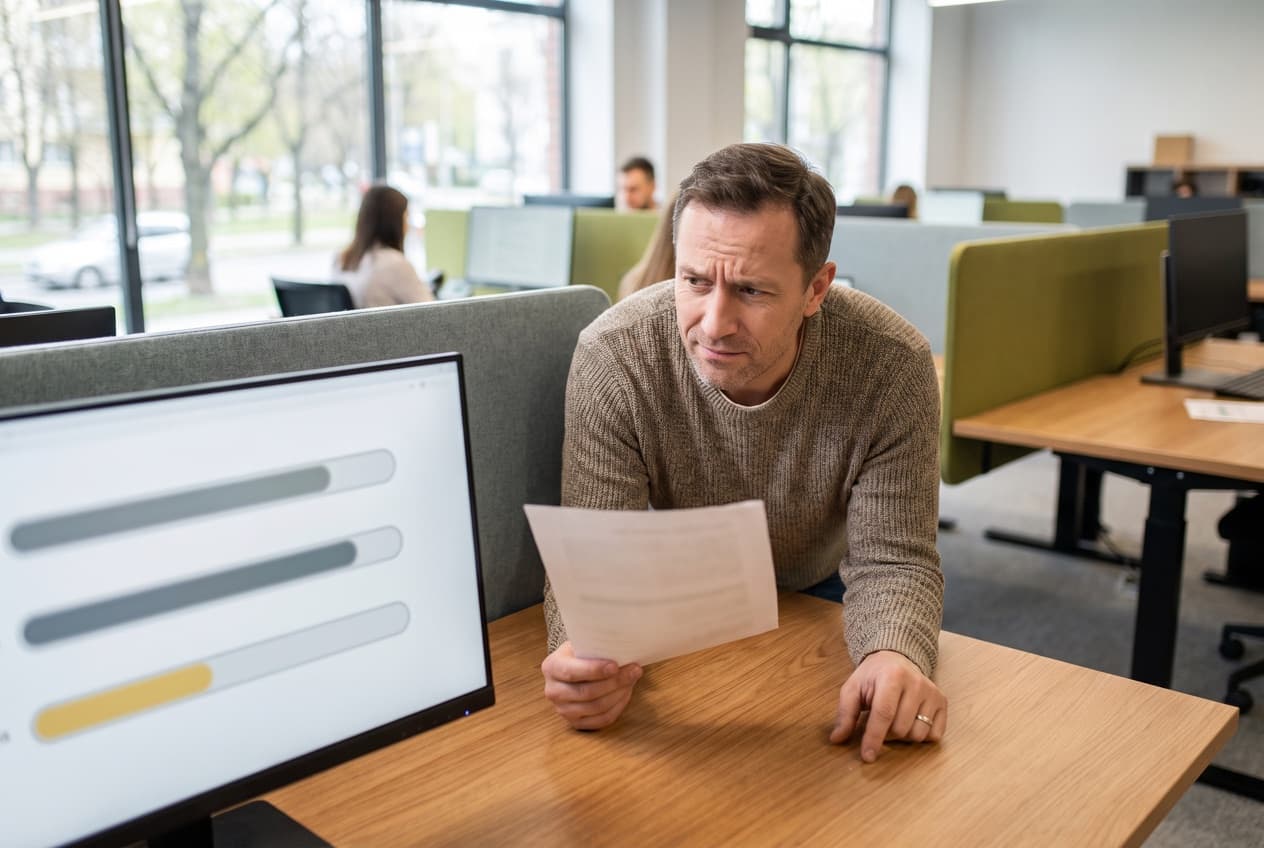 Consultant confrontant une proposition commerciale de lien aux indicateurs affichés sur son écran, dont un trafic réel très faible