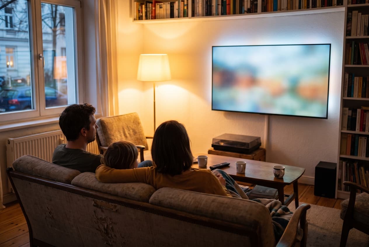 Famille installée dans son salon devant le grand écran, dans le contexte d'attention disponible propre à la télévision