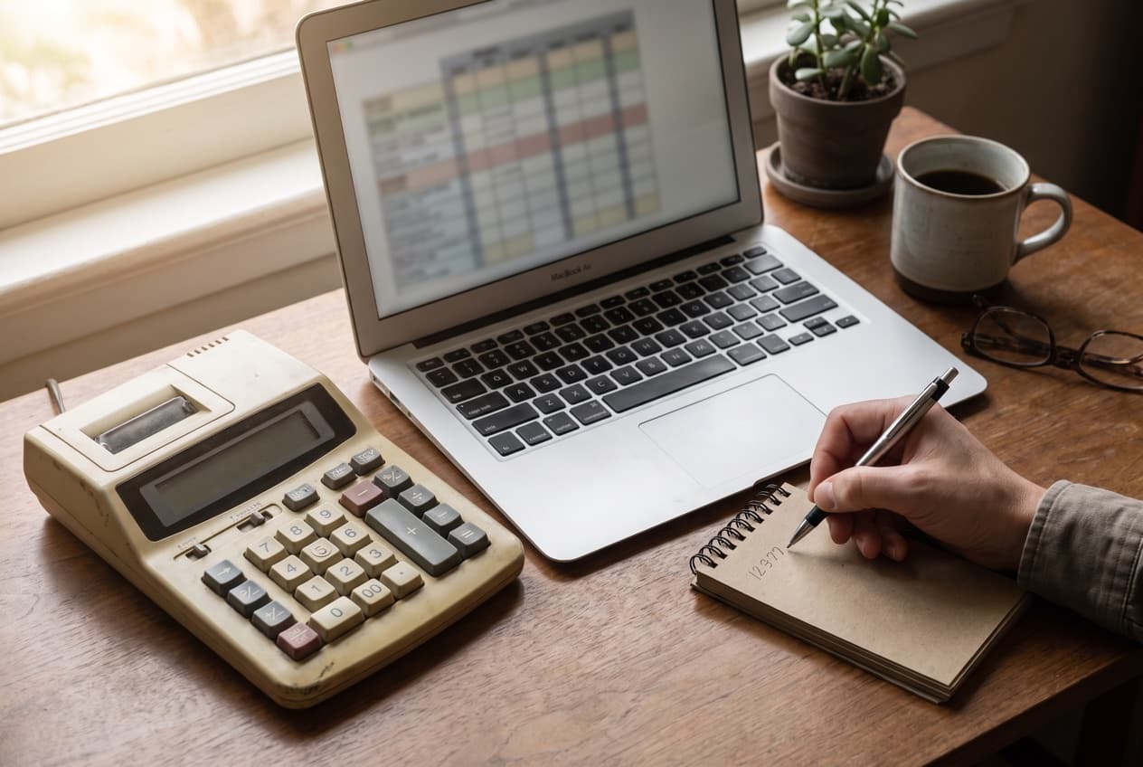 Calculatrice de bureau posée à côté d'un ordinateur portable affichant un tableur, une main notant un montant sur un carnet, le calcul du budget à prévoir pour vos campagnes social ads