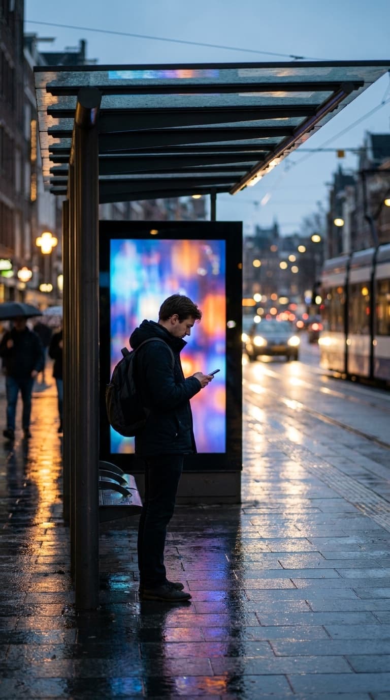 Passant consultant son smartphone à un abribus équipé d'un écran publicitaire digital DOOH allumé, en ville à la tombée du soir, illustrant le pilotage des campagnes DOOH et le retargeting mobile