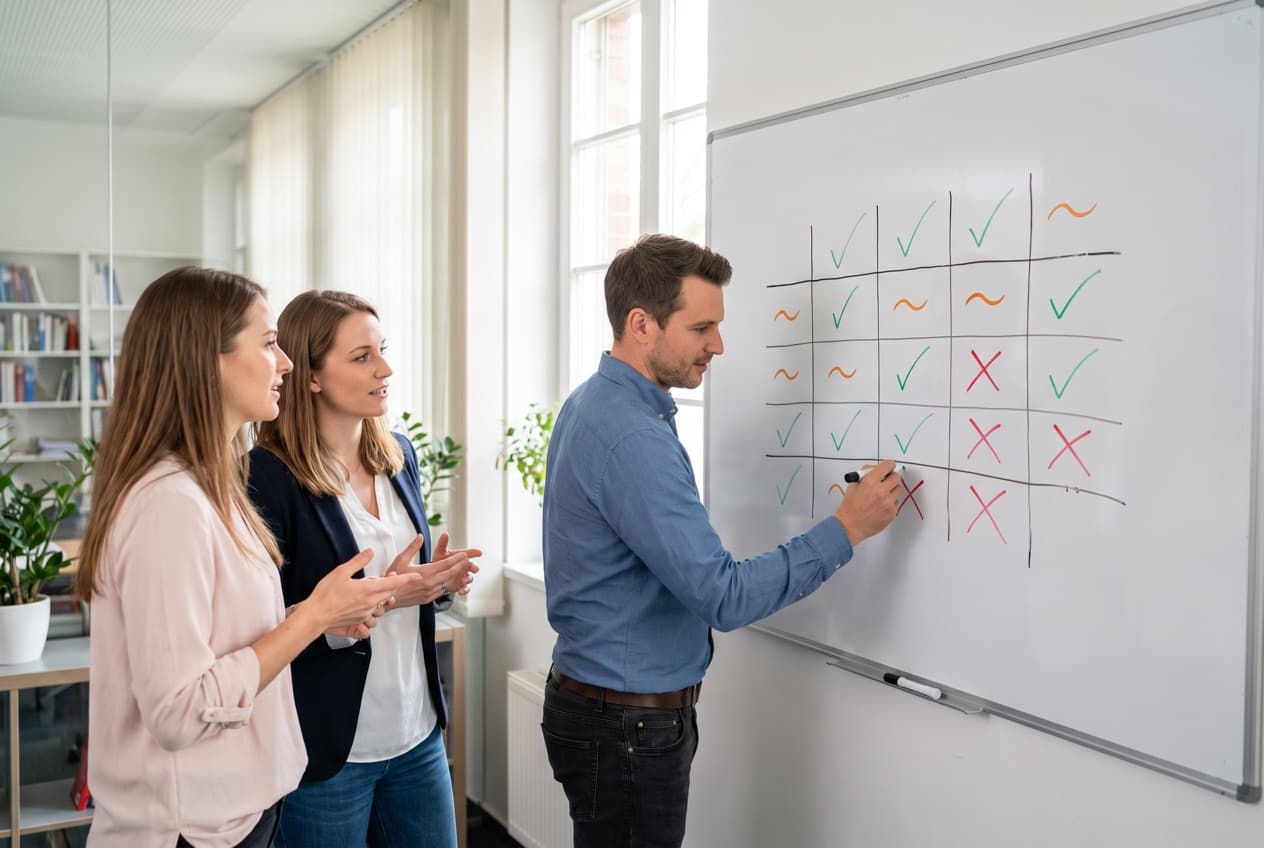 Équipe projet remplissant au tableau la grille de comparaison des plateformes, critère par critère, avant de trancher