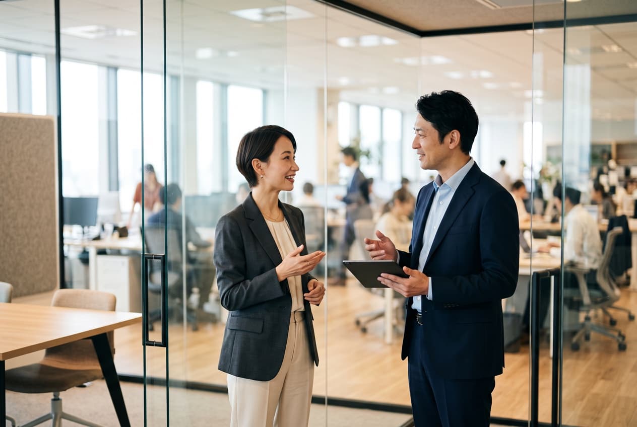 Deux professionnels en discussion devant une paroi vitrée donnant sur un plateau de bureaux, l'échange entre commerce et marketing d'où sort la liste de comptes cibles