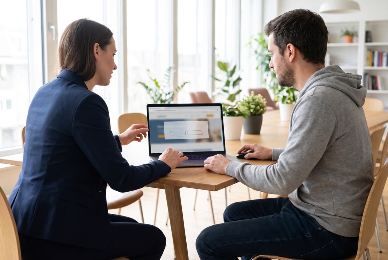 Une juriste et un technicien examinant ensemble le comportement d'un bandeau de consentement sur un ordinateur portable, l'arbitrage entre direction marketing et délégué à la protection des données