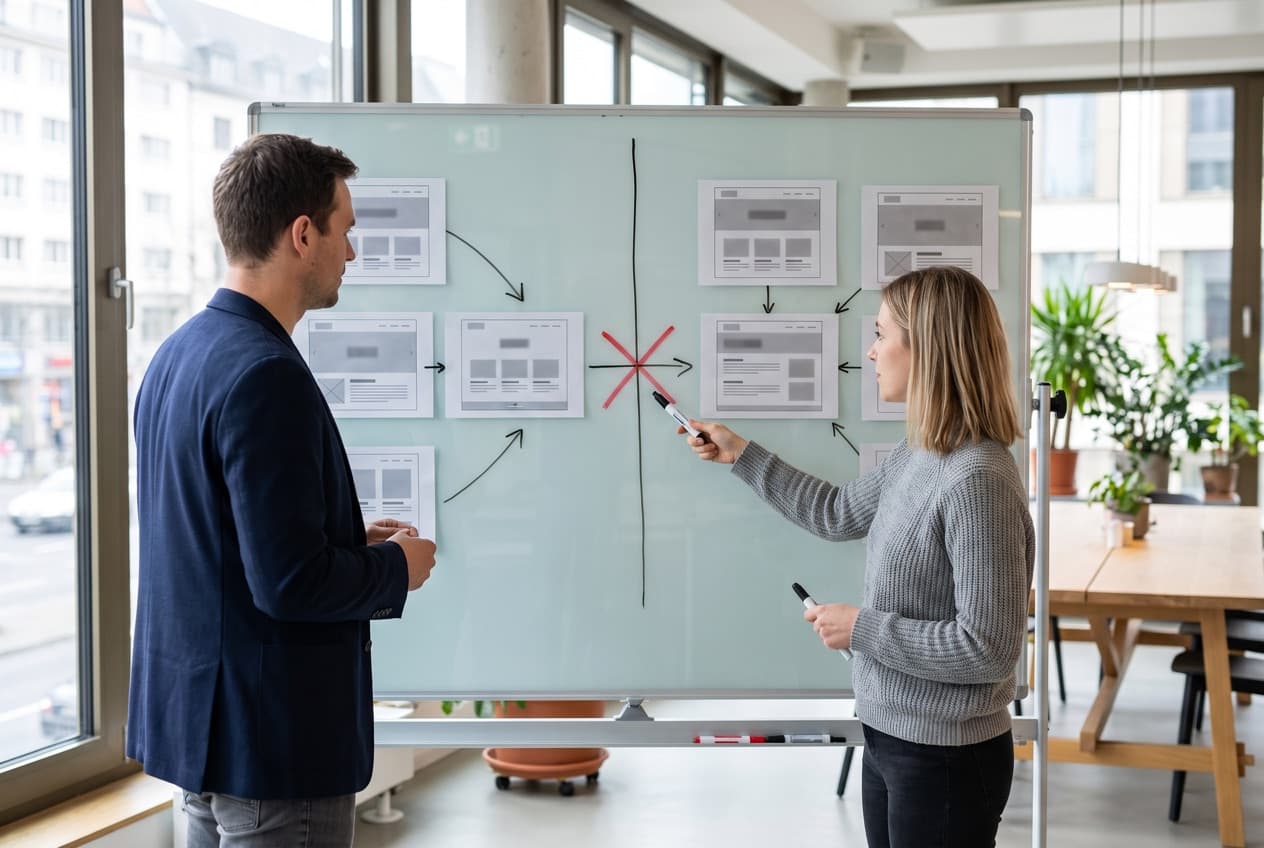 Deux consultants devant un tableau où deux grappes de pages sont reliées chacune de son côté, la flèche qui passait d'une thématique à l'autre barrée en rouge