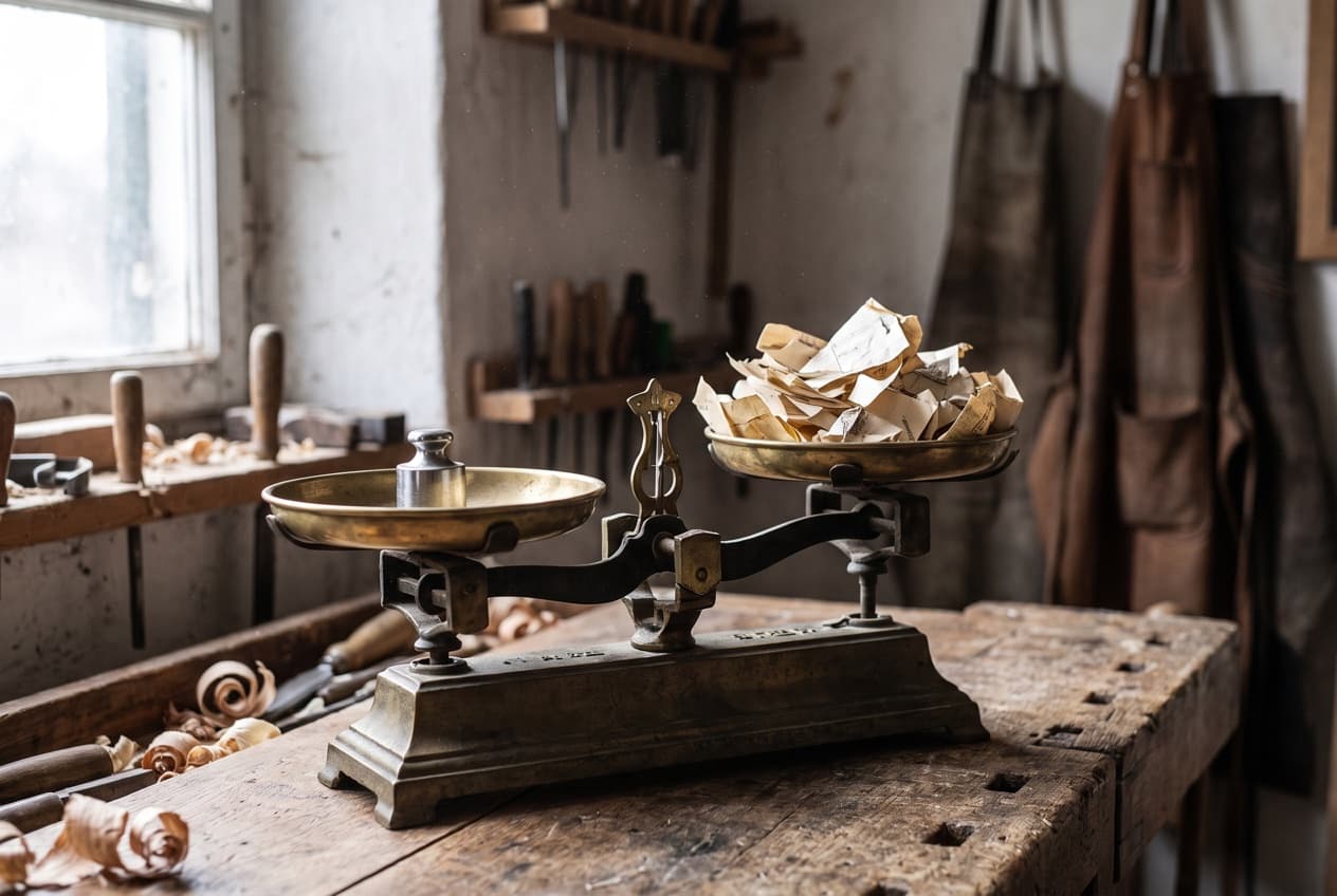 Balance à plateaux d'atelier où un petit poids métallique fait pencher son plateau face à un tas de papier froissé, image du poids de la pertinence dans le mécanisme qui explique comment fonctionne une campagne Search