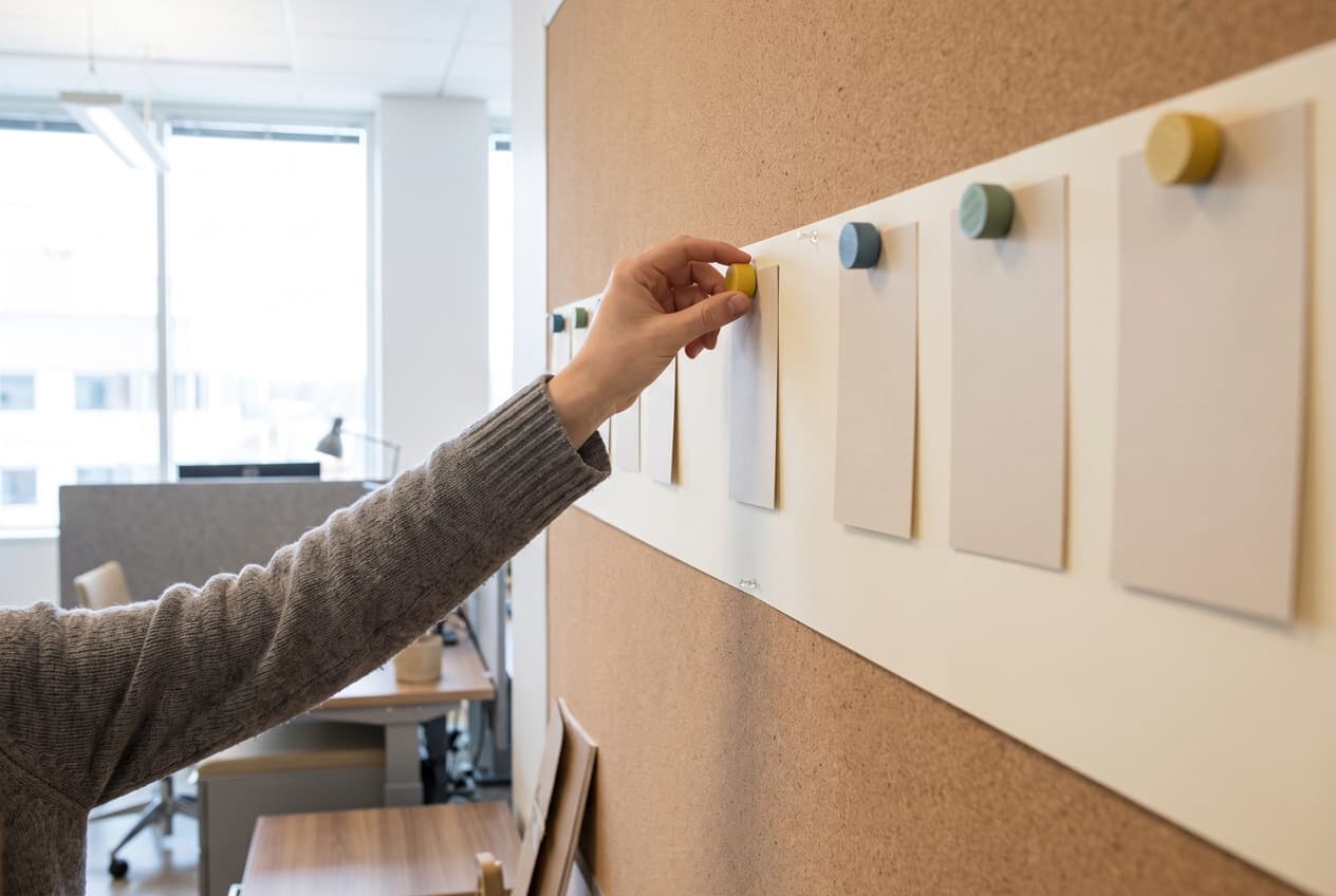 Main qui déplace un jalon coloré sur un rétroplanning mural composé de cartes vierges alignées, la mise en ordre des étapes par laquelle on construit une stratégie social ads