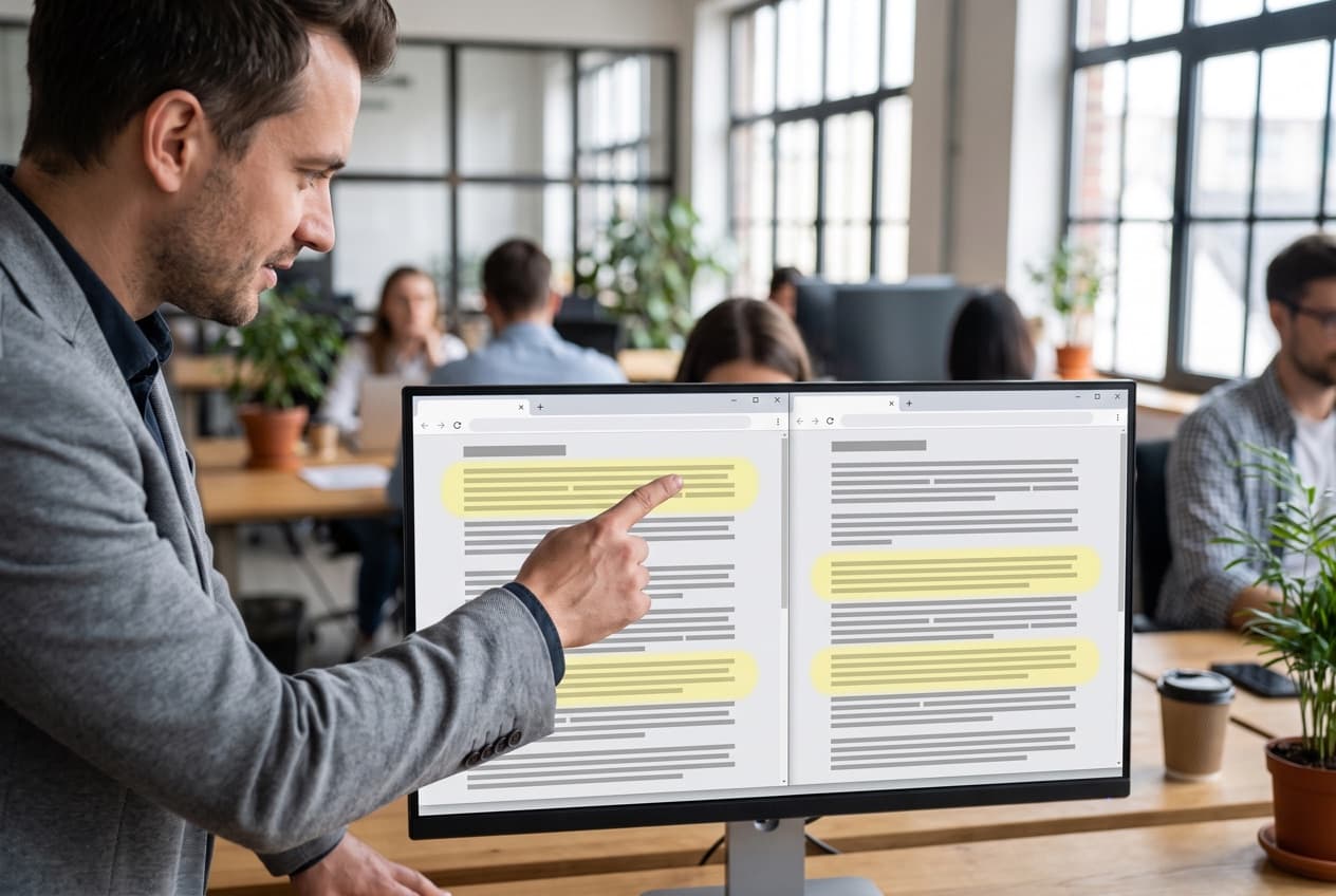 Consultant comparant à l'écran deux pages ouvertes côte à côte dont les mêmes passages ressortent surlignés, signe d'un contenu dupliqué