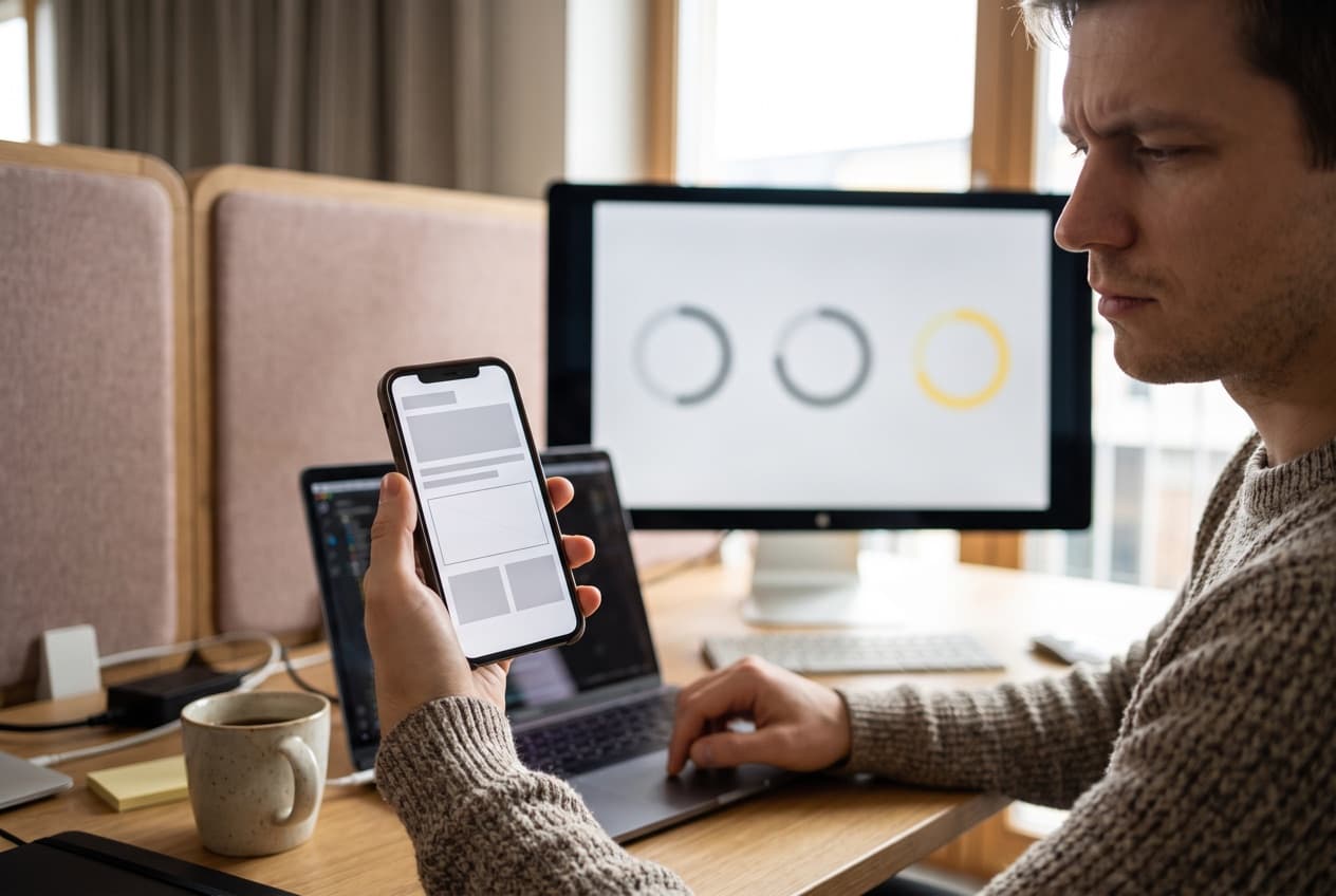 Développeur observant sur son téléphone une page encore en cours d'affichage, blocs gris et image non chargée, pendant que trois jauges de performance tournent sur son écran