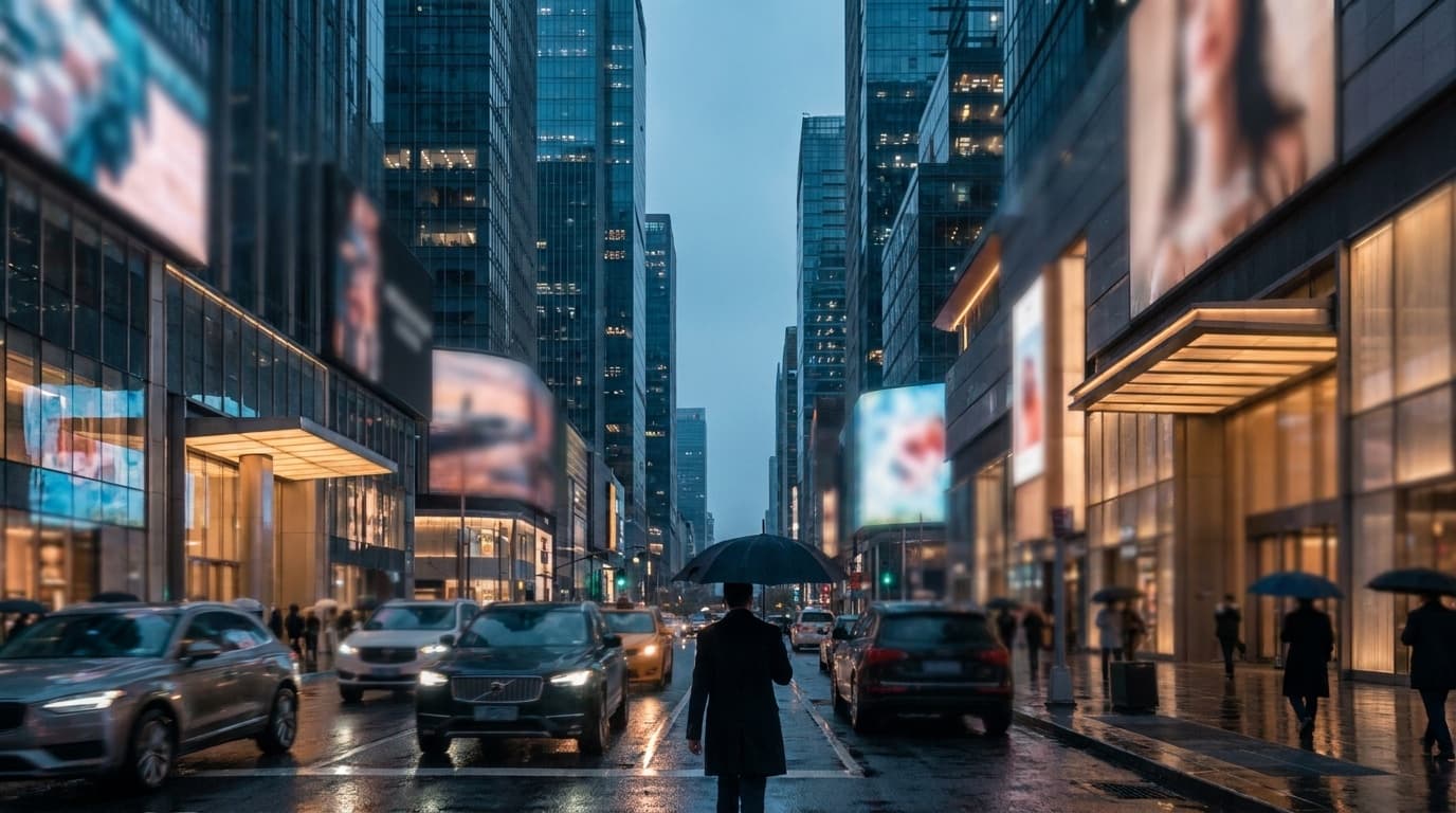 Avenue urbaine saturée d'écrans publicitaires, illustrant la concurrence entre annonceurs qui fait monter les coûts des médias payants