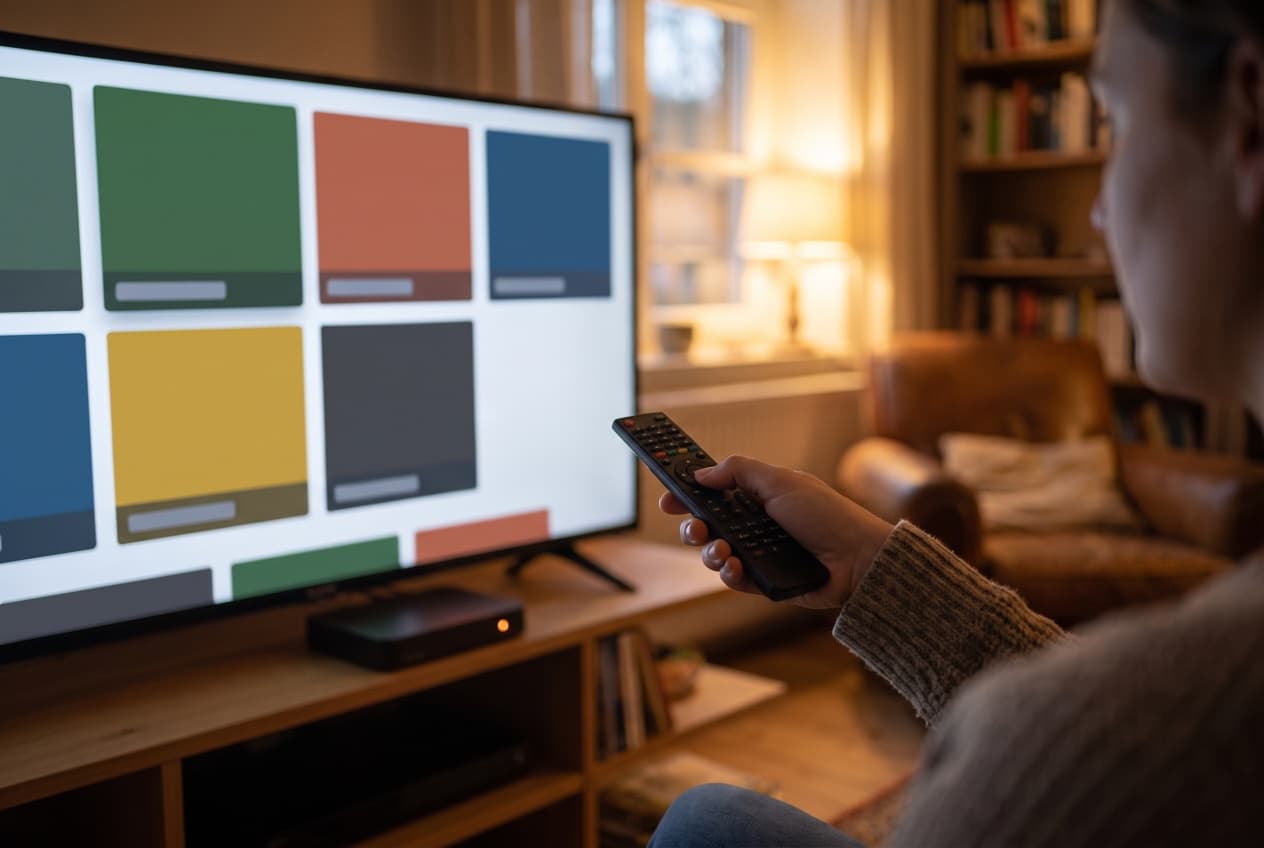 Téléspectateur naviguant à la télécommande dans les applications de streaming de son téléviseur connecté