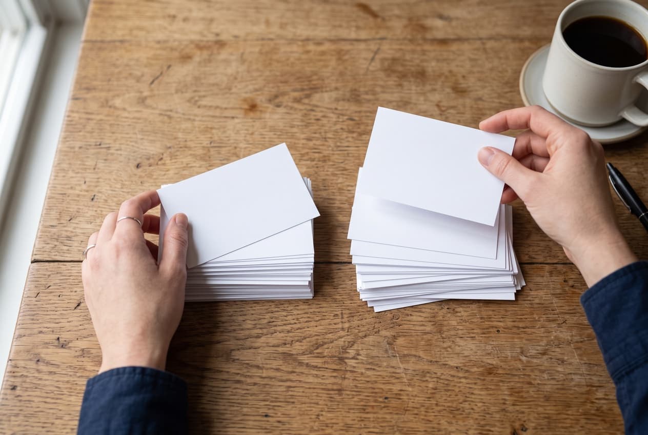 Mains triant des cartes en deux piles sur une table de réunion, le geste qui résume la sélection des KPI, garder ceux qui changent une décision et écarter les autres
