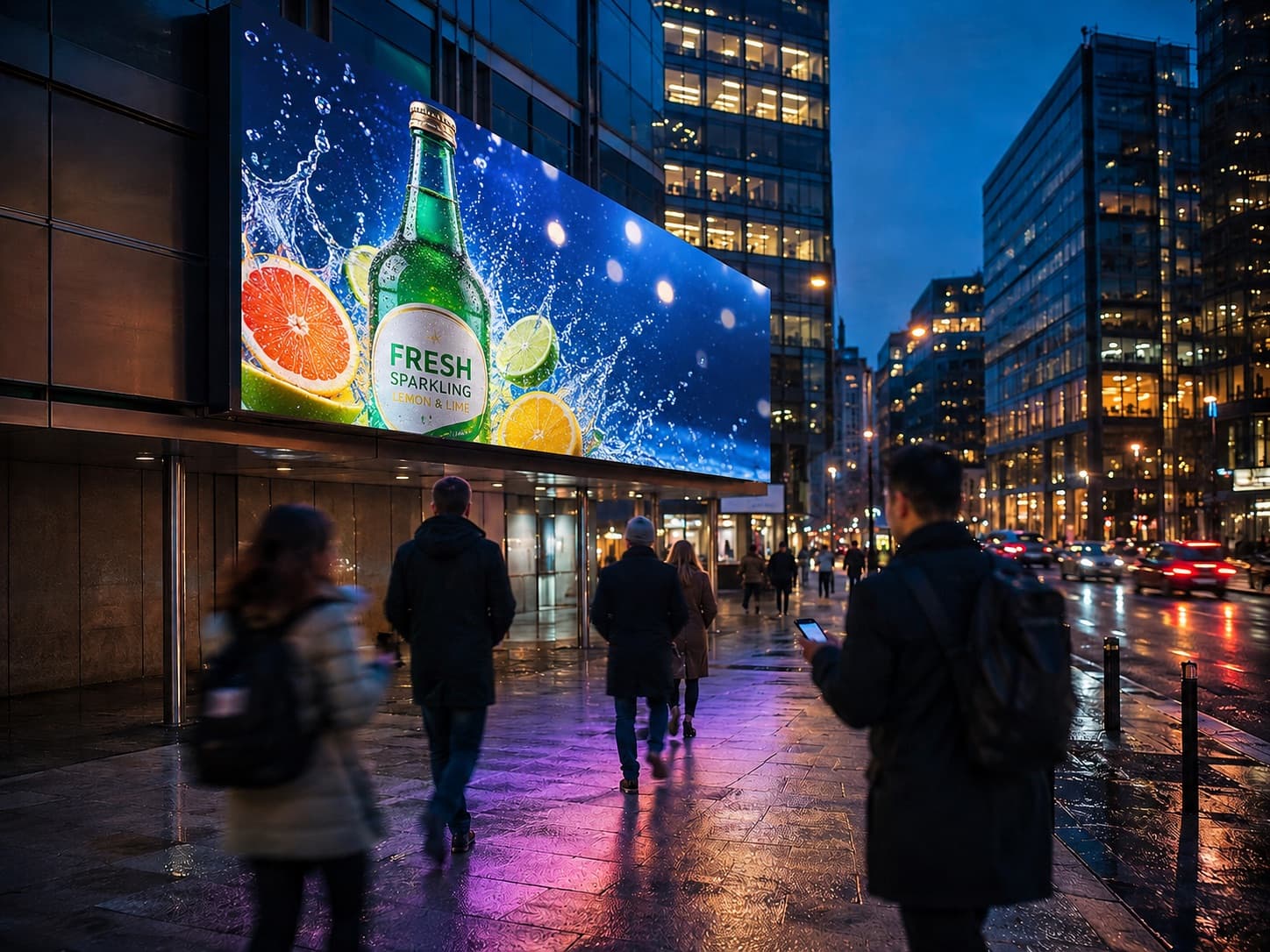 Panneau d'affichage DOOH en milieu urbain à l'heure bleue