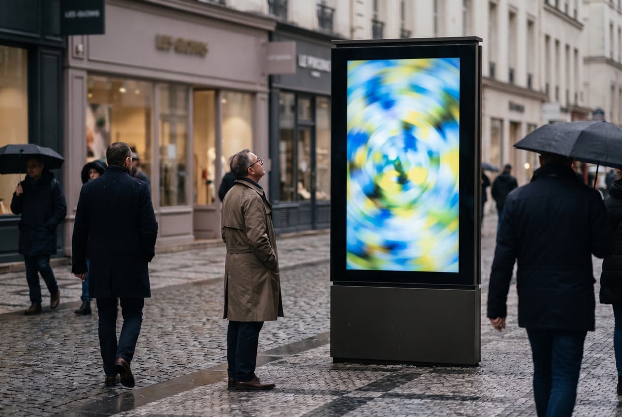 Écran publicitaire numérique installé sur un trottoir commerçant, devant lequel passent des piétons