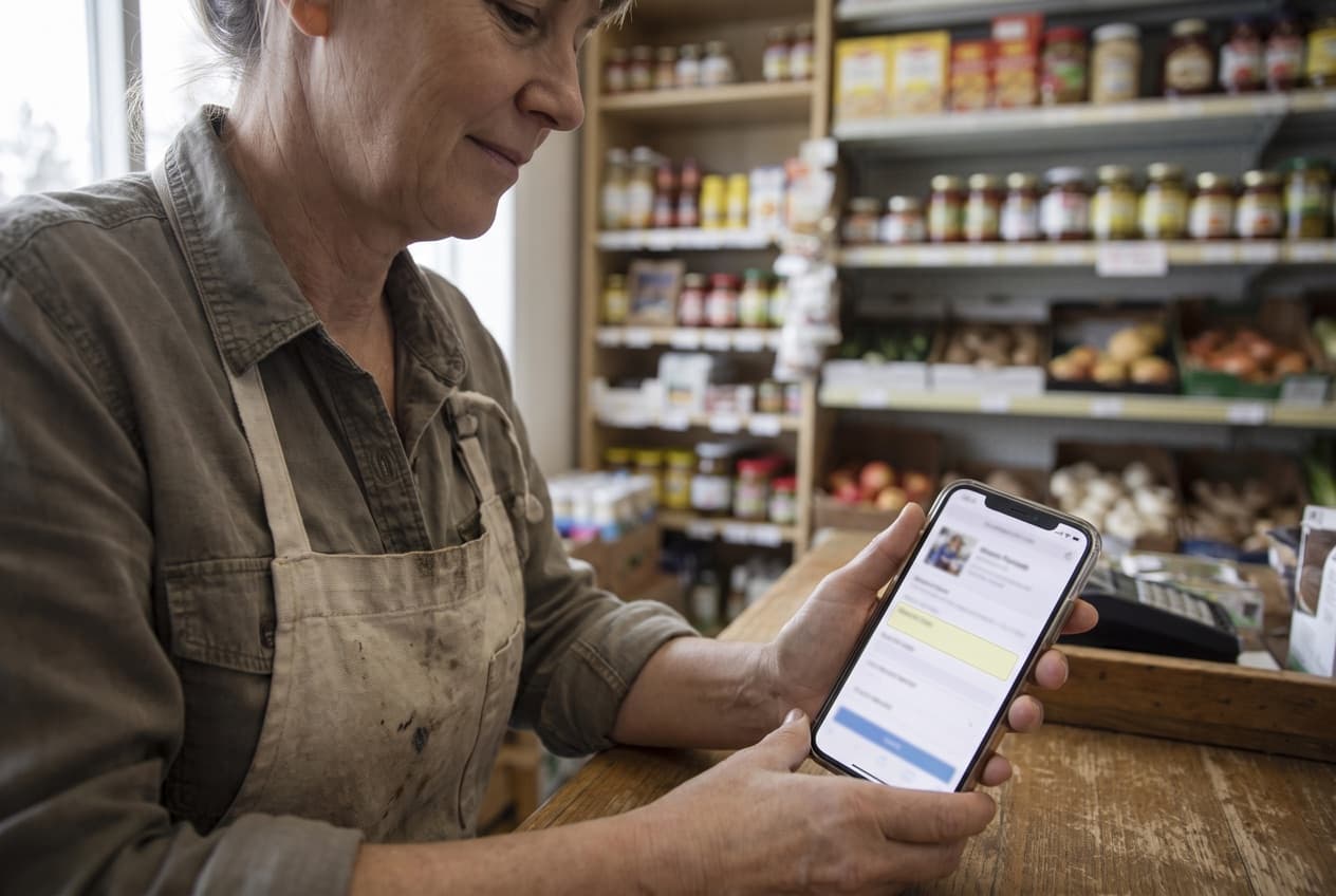 Commerçante complétant les informations de sa fiche d'établissement depuis son téléphone, derrière le comptoir de son magasin