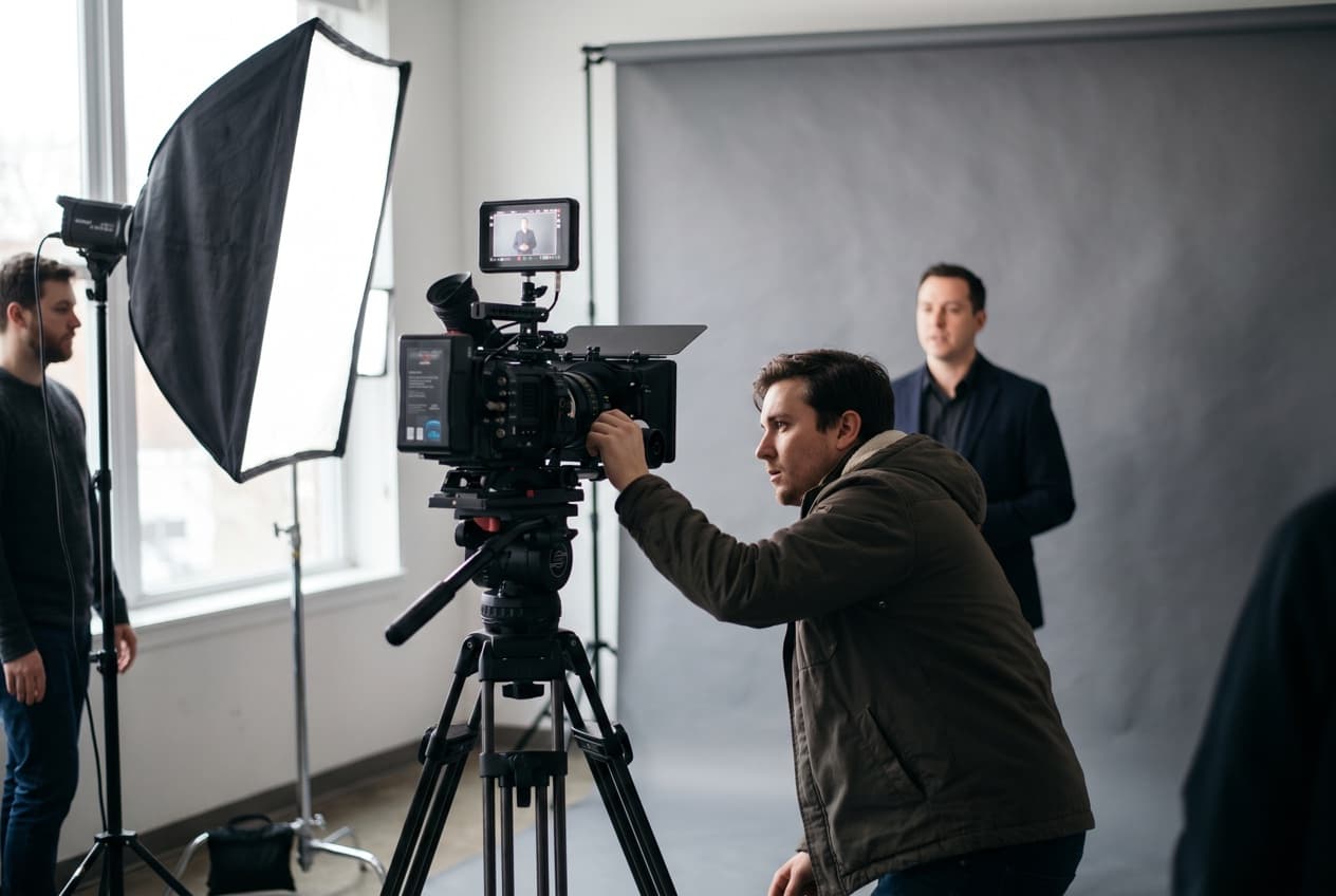 Cadreur réglant une caméra sur trépied face à un intervenant, entre une boîte à lumière et un fond de studio, le tournage dont dépendent les formats d'annonces diffusés sur YouTube Ads