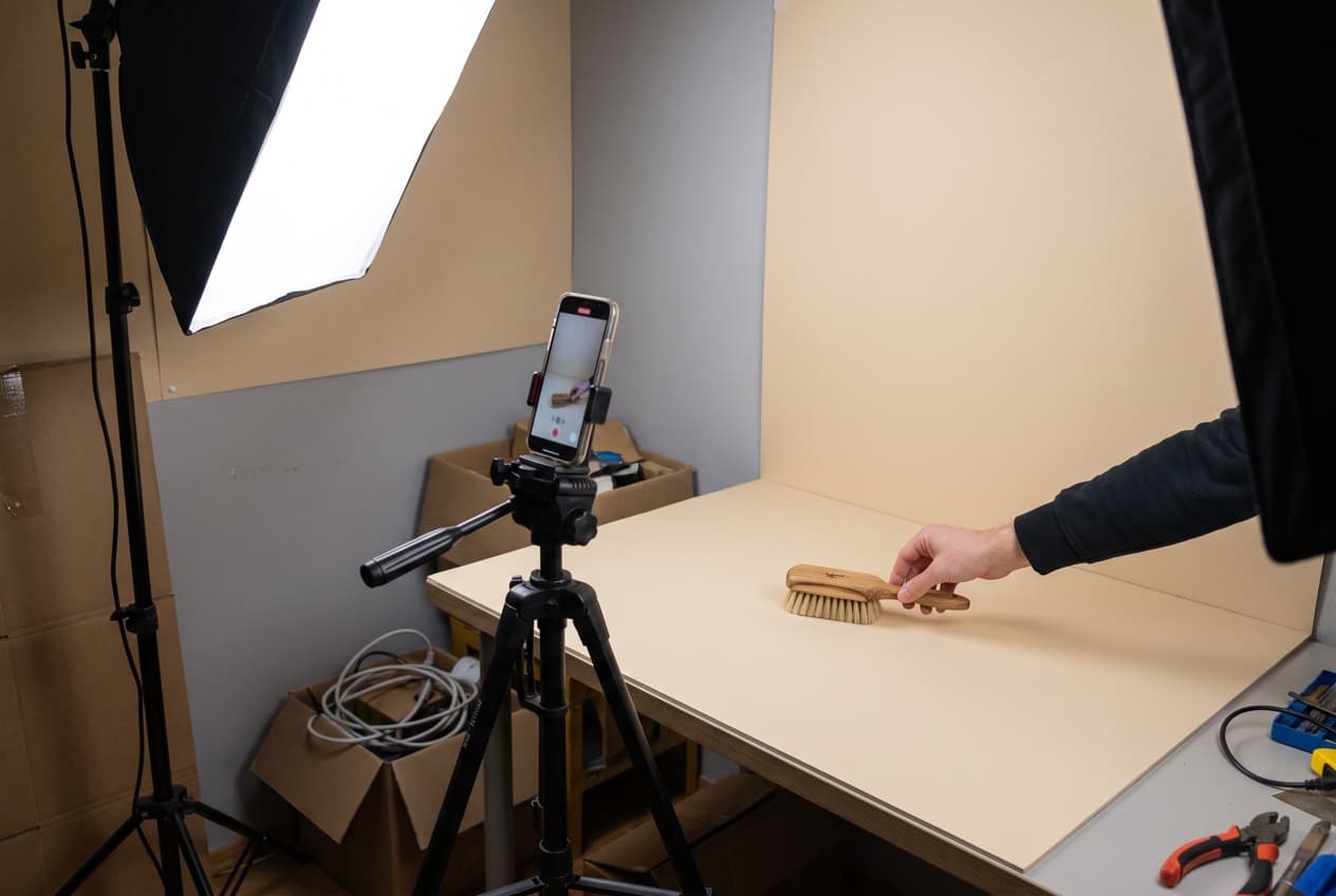 Smartphone monté à la verticale sur un trépied qui filme un produit posé sur une table de prise de vue éclairée par une boîte à lumière, le tournage simple qui alimente les formats créatifs en social ads