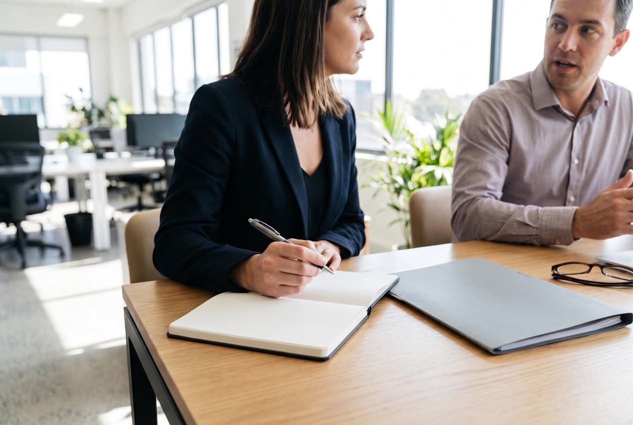 Point de travail entre une responsable de la protection des données et un consultant, carnet et dossier fermés sur la table, le cadrage conjoint qu'impose tout choix technique de collecte