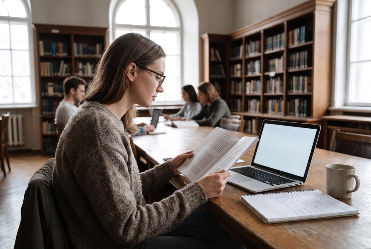 Chercheuse lisant en bibliothèque l'article scientifique qui a introduit le terme Generative Engine Optimization