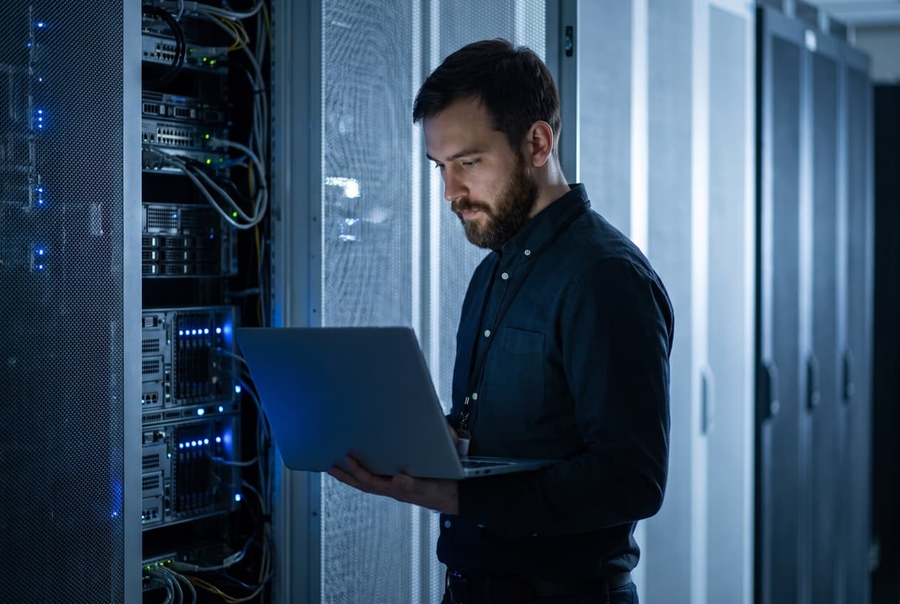 Ingénieur système contrôlant une baie de serveurs avec son ordinateur portable, l'infrastructure qu'un conteneur côté serveur ajoute au dispositif de mesure