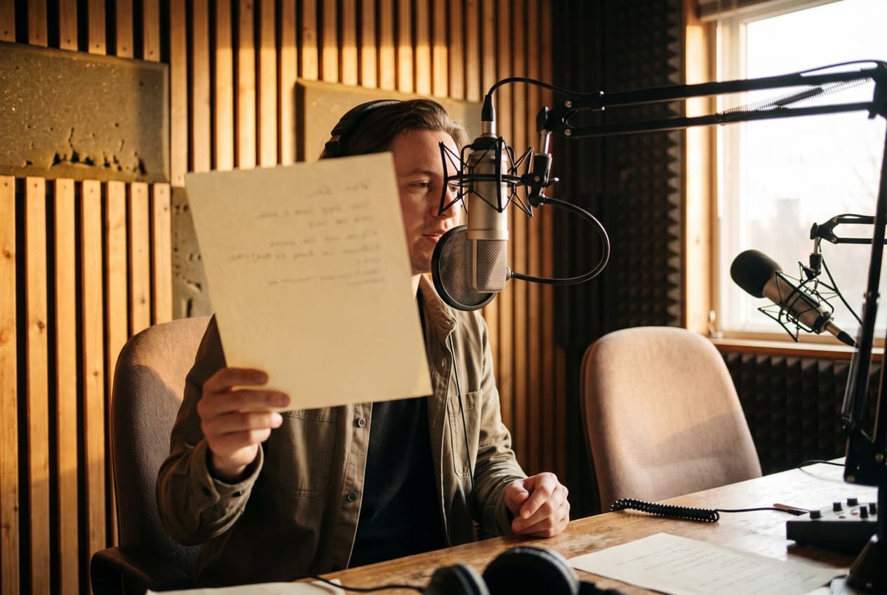 Animateur de podcast lisant au micro le message d'un annonceur à partir d'une simple feuille de points clés