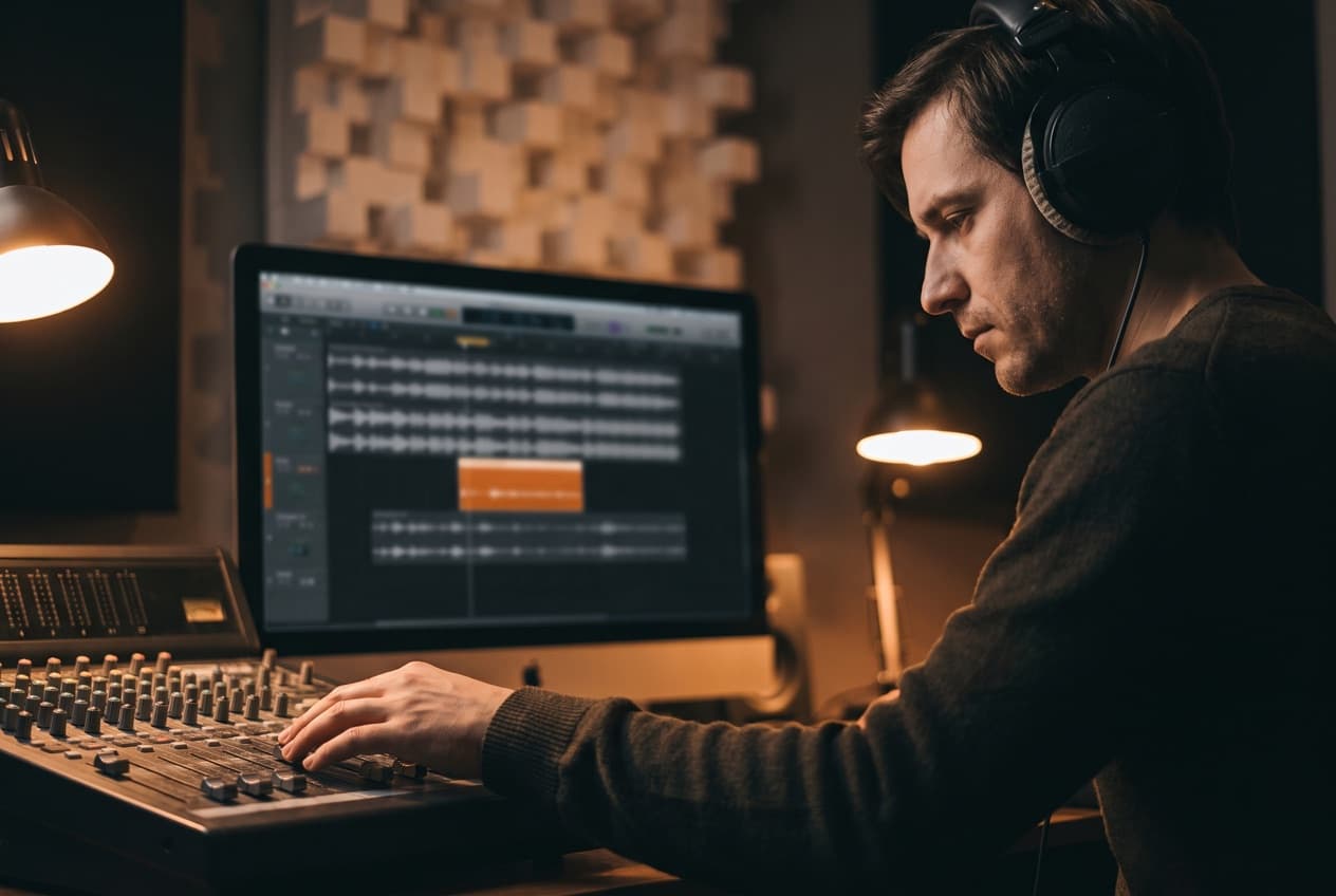 Sound designer réglant au studio les quelques secondes de la signature sonore d'une marque