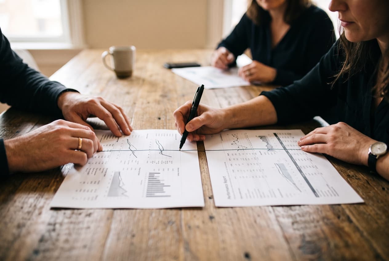 Deux rapports de performance imprimés posés côte à côte sur une table de réunion, une main soulignant au stylo la même ligne sur les deux, la lecture croisée des KPI d'un audit social ads