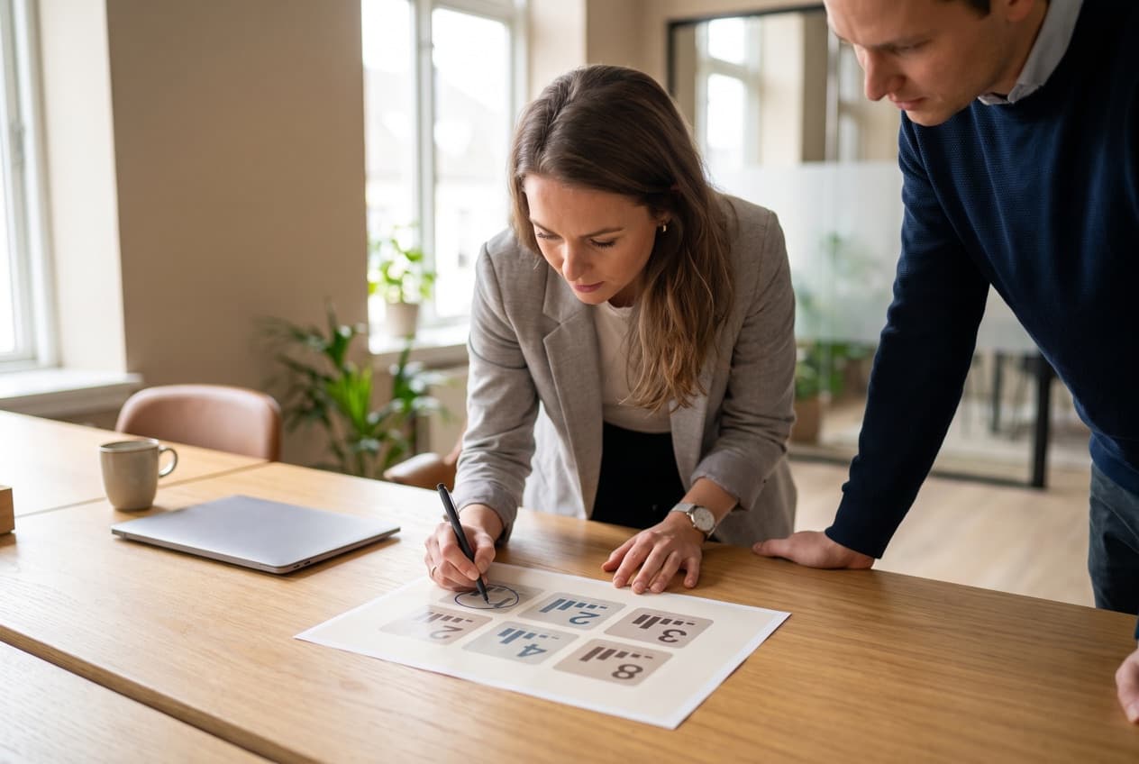 Directrice marketing entourant au stylo un indicateur sur un tableau de bord qui tient sur une seule page