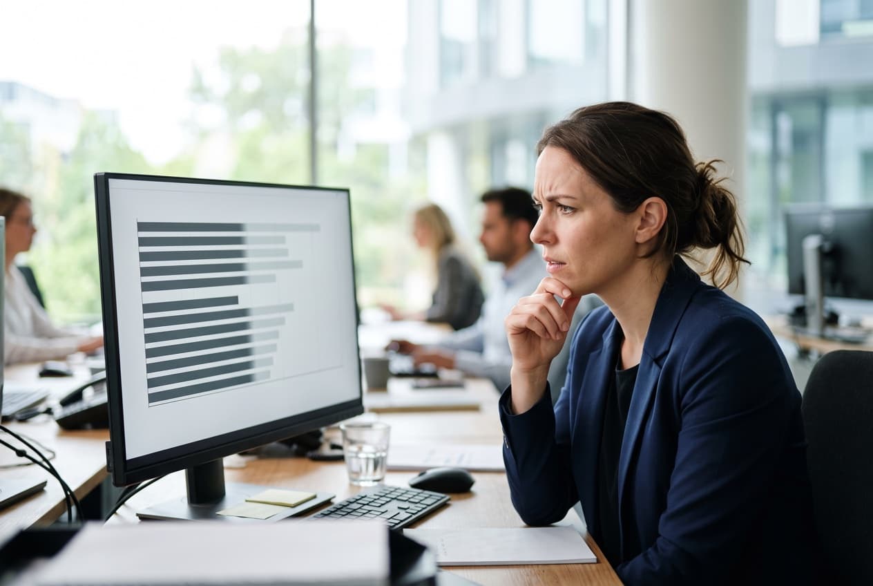 Analyste perplexe devant un rapport dont une partie des lignes apparaît estompée, le masquage que les seuils d'agrégation appliquent sans message d'erreur