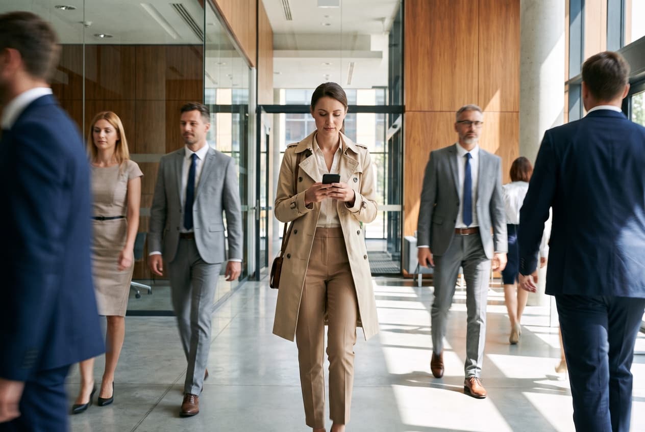Cadres traversant le hall d'un immeuble de bureaux, dont l'une consulte son téléphone, l'audience professionnelle que la régie LinkedIn Ads permet d'atteindre