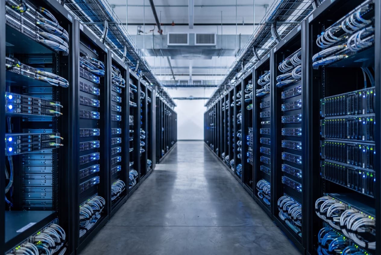 Allée de baies de serveurs dans un centre de données, l'infrastructure de calcul sur laquelle repose le moteur de sélection des annonces Meta Andromeda