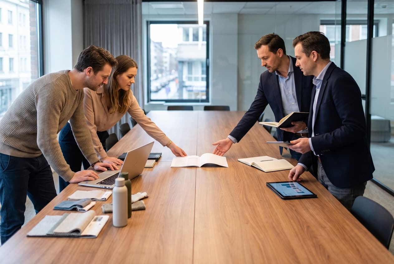 Équipe marketing interne et consultants d'agence travaillant sur le même document de part et d'autre de la table