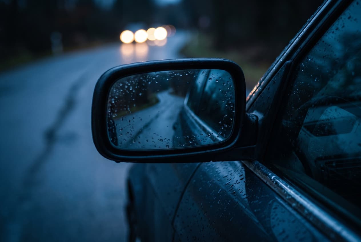 Rétroviseur de voiture au crépuscule ne reflétant qu'une portion étroite de la route, métaphore des angles morts d'un modèle d'attribution SEA au dernier clic