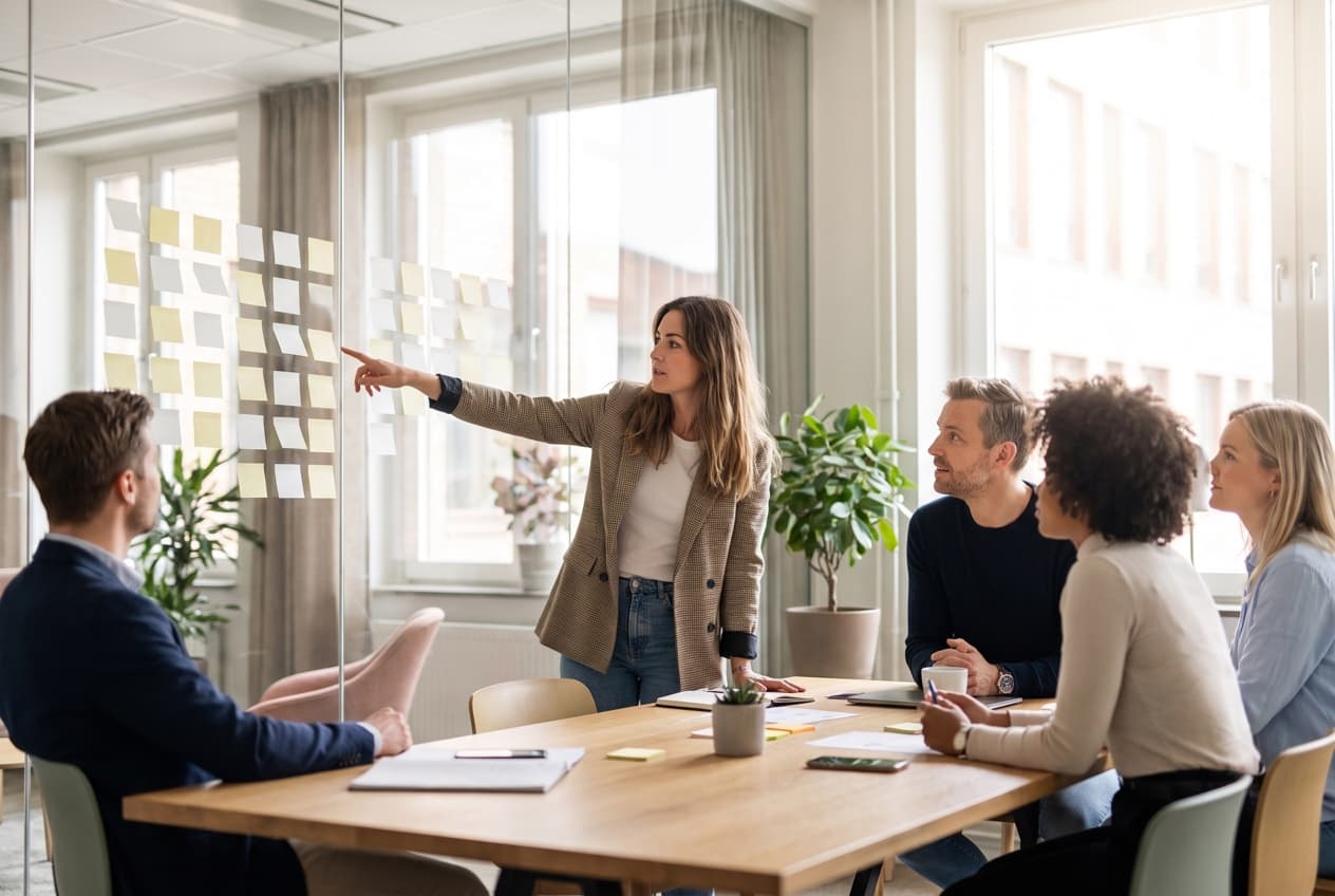 Équipe marketing réunie autour d'une table pendant qu'une intervenante désigne une paroi vitrée couverte de notes, l'atelier de cadrage qui précède le choix d'un modèle d'attribution