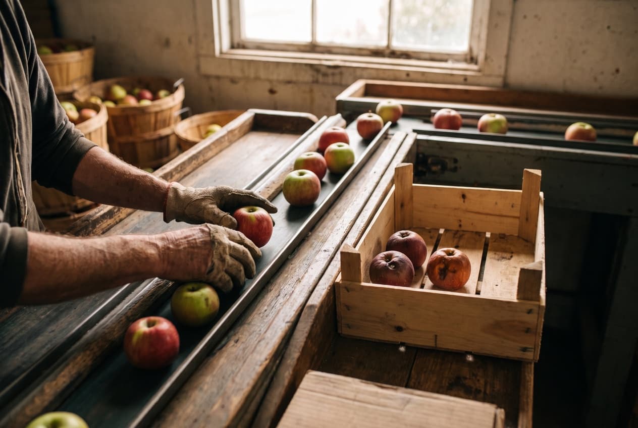 Mains qui écartent quelques fruits abîmés sur une table de tri en bois d'un hangar de conditionnement, image des mots-clés négatifs qui affinent les types de correspondance mots clés