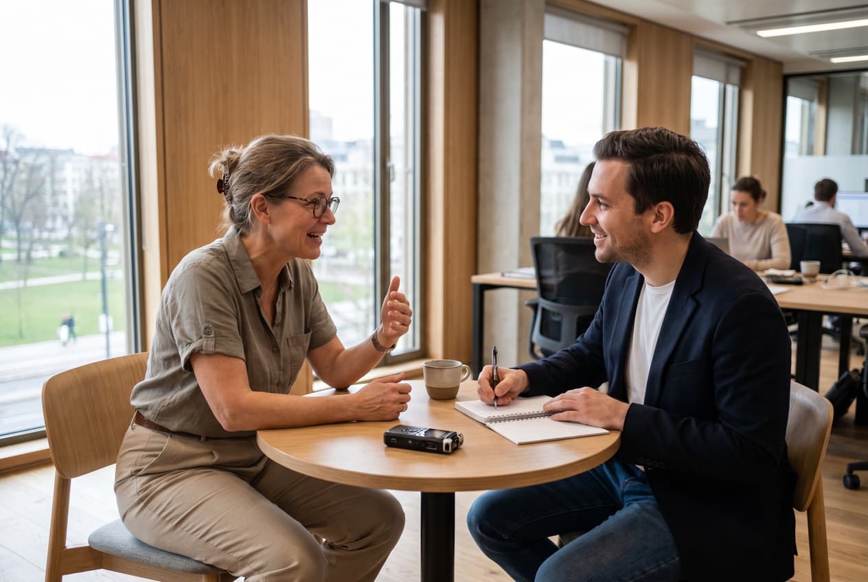 Dirigeante interviewée par un journaliste, carnet et enregistreur sur la table, le type de prise de parole qui vaut un lien éditorial mérité