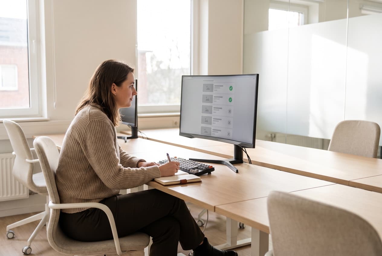 Consultante passant en revue une présélection de sites relais à l'écran, chaque candidat marqué d'une validation ou d'un rejet
