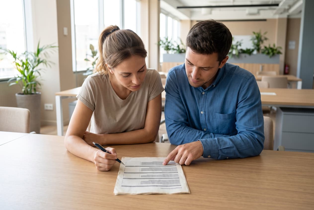 Deux collègues penchés sur un même document posé entre eux, l'un le stylo à la main, l'autre désignant une ligne, l'arbitrage commercial qui décide des objectifs à poursuivre avec vos campagnes social ads