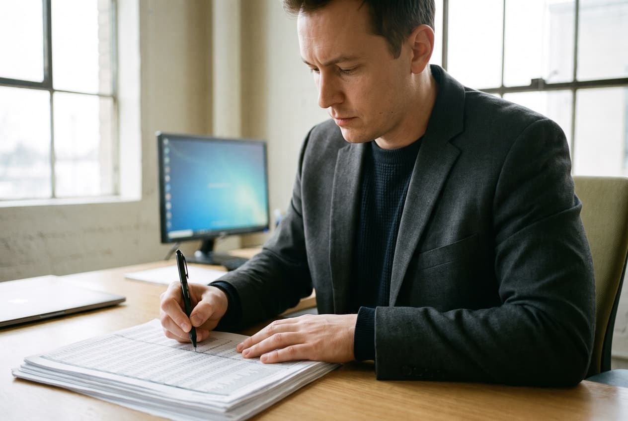 Consultant annotant au stylo un long listing de domaines référents imprimé, le tri entre les liens à surveiller et ceux qui appellent une action