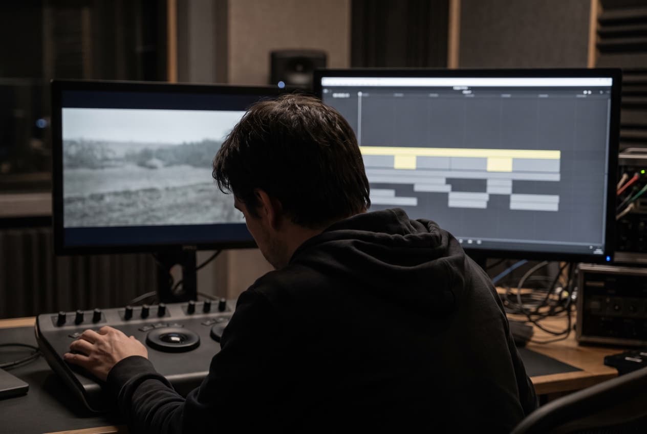Monteur vidéo devant deux écrans, l'un affichant l'image et l'autre une ligne de temps de montage, le remontage de l'ouverture qui relève le taux de visionnage d'une campagne YouTube Ads